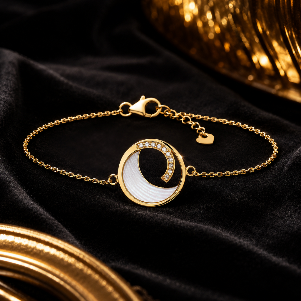 Mother of Pearl Moon Bracelet 9ct Yellow Gold Plated Hallmarked Brand New Boxed