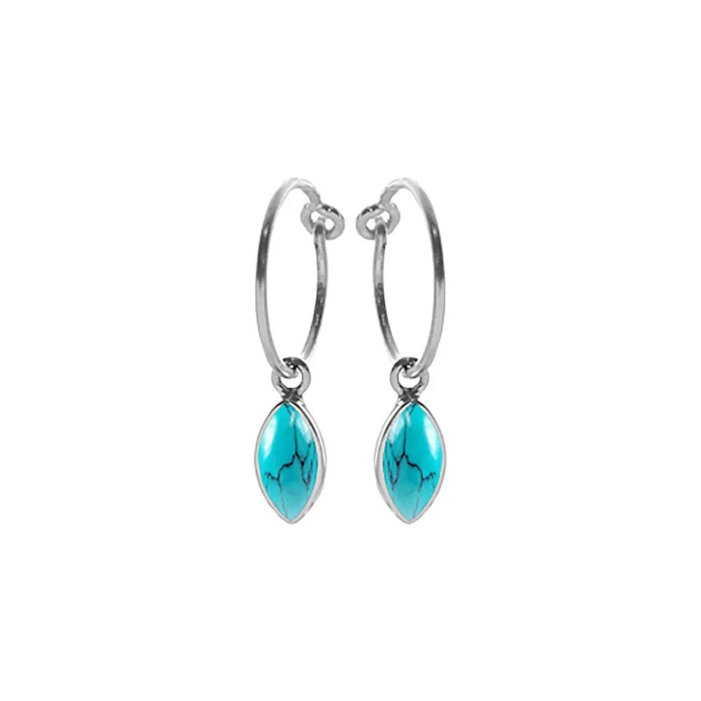 Marquise Turquoise Drop Hoop Earrings Sterling Silver 925 Hallmarked Brand New