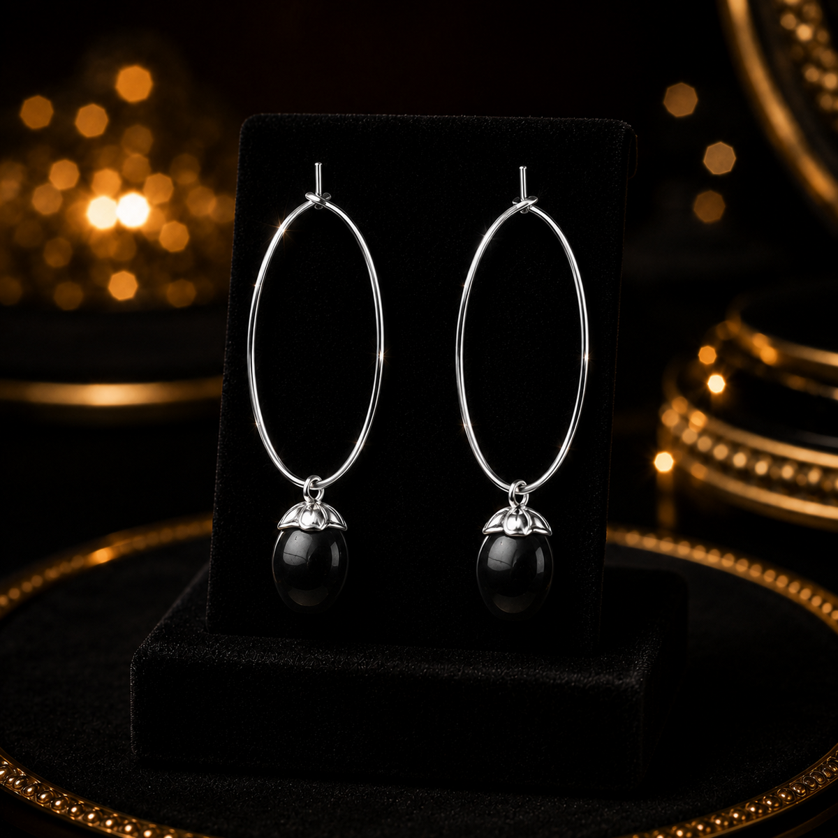 Suspended 28mm Onyx Hoop Earrings Sterling Silver 925 Hallmarked Brand New Boxed