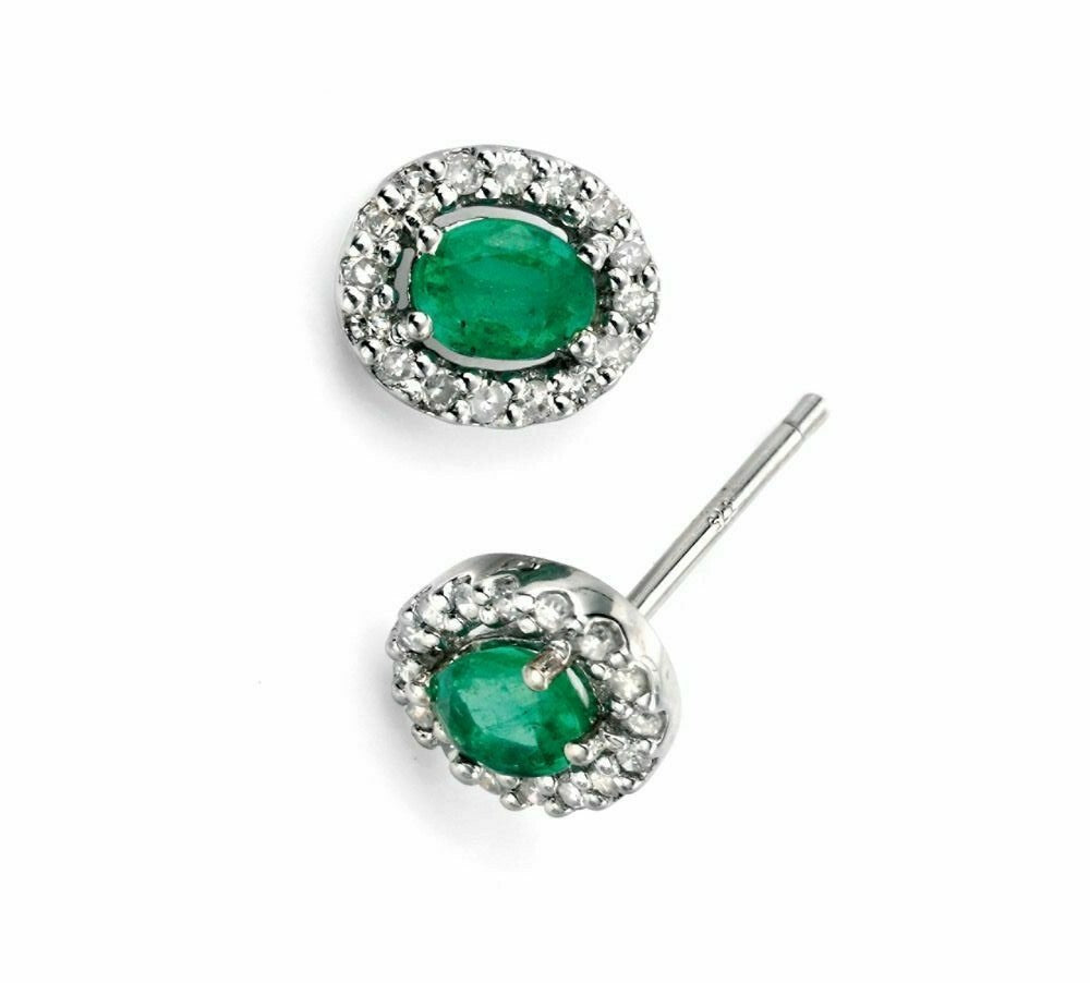 Natural Emerald Earrings with Diamond Cluster Surround in 9ct White Gold