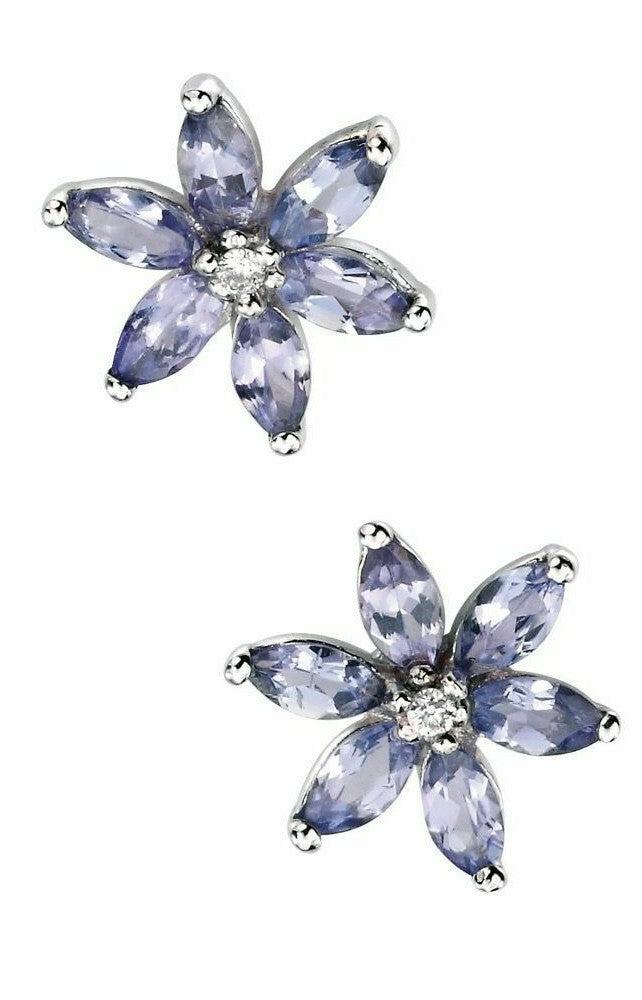 Tanzanite Flower Stud Earrings 9k White Gold 375 Hallmarked British Made