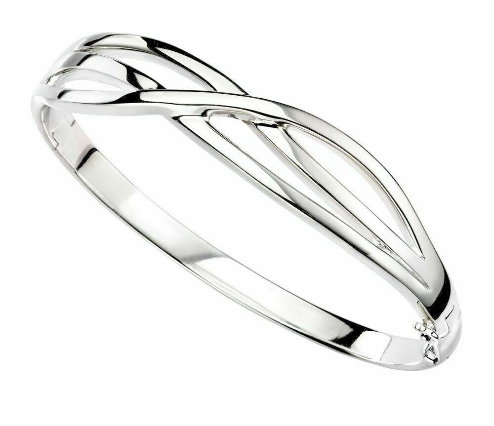 Sterling Silver Cross Over Bangle Solid Silver Full British 925 Hallmarked