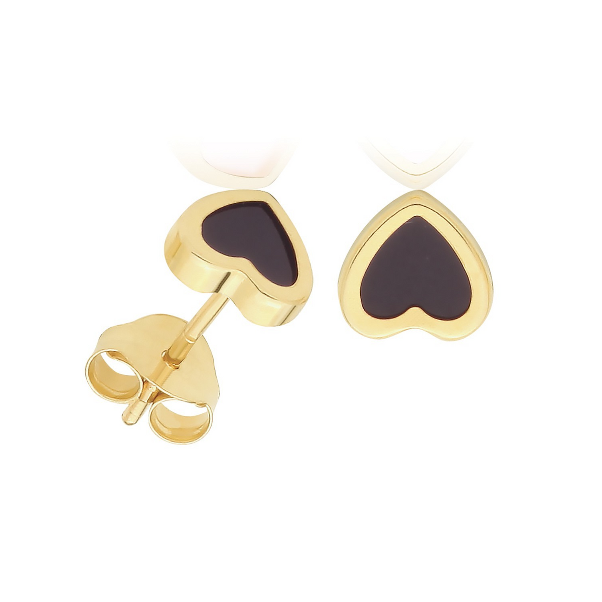 Flush Natural Onyx Heart Stud Earrings 9ct Yellow Gold 375 Hallmarked Brand New