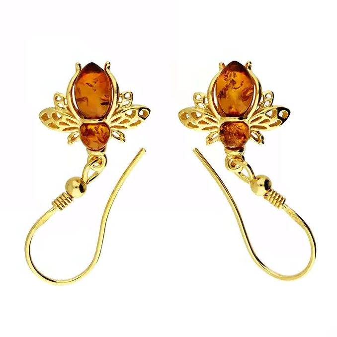 Amber Bumble Bee Drop Earrings 18ct Yellow Gold Plated Hallmarked British Made