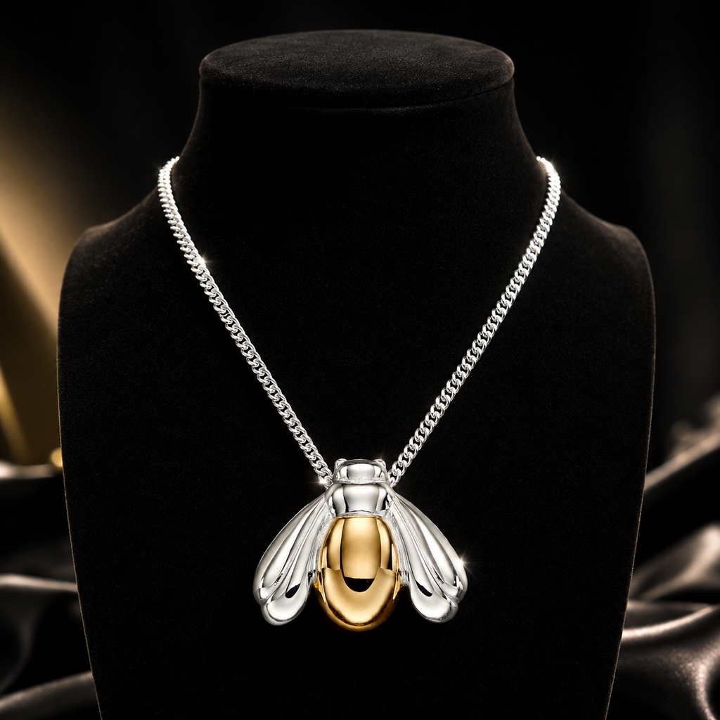 2 Tone Bee Pendant 9ct Yellow Gold Plated Hallmarked All Chain Lengths