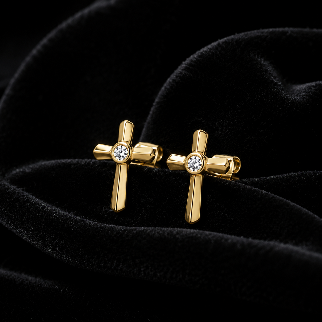 Flush Cross Stud Earrings 9ct Yellow Gold 375 Hallmarked British Made