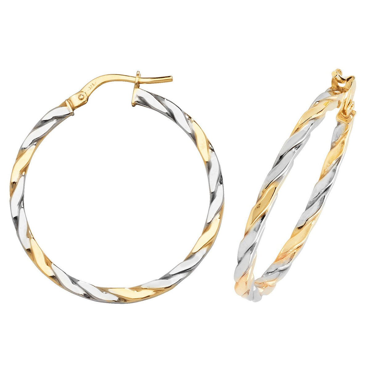 9ct White/Yellow Gold Ribboned Hoop Earrings 375 Hallmarked 8mm - 30mm Diameter
