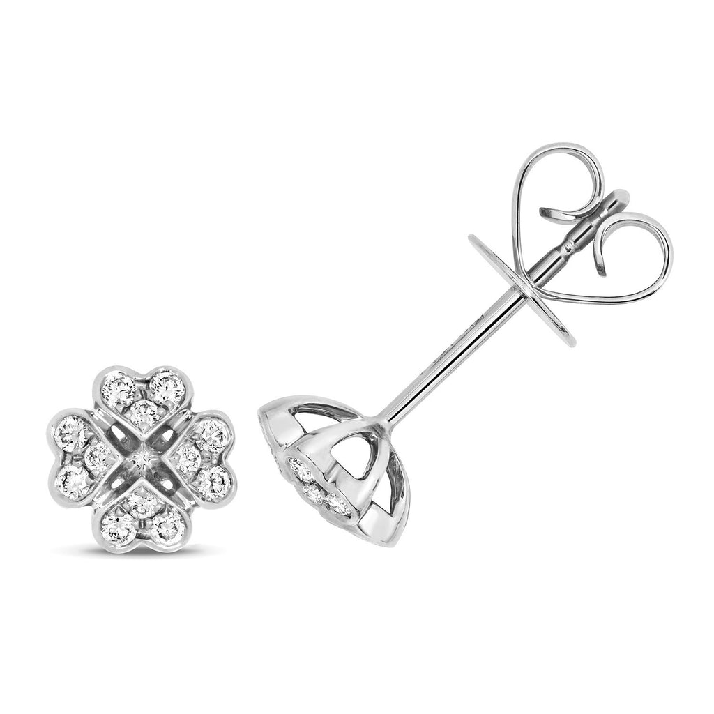 12 Natural Diamond Clover Stud Earrings 18ct White Gold Hallmarked British Made