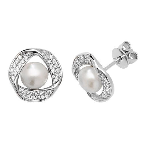 Pearl Twist Halo Stud Earrings. Sterling Silver 925 Hallmarked British Made