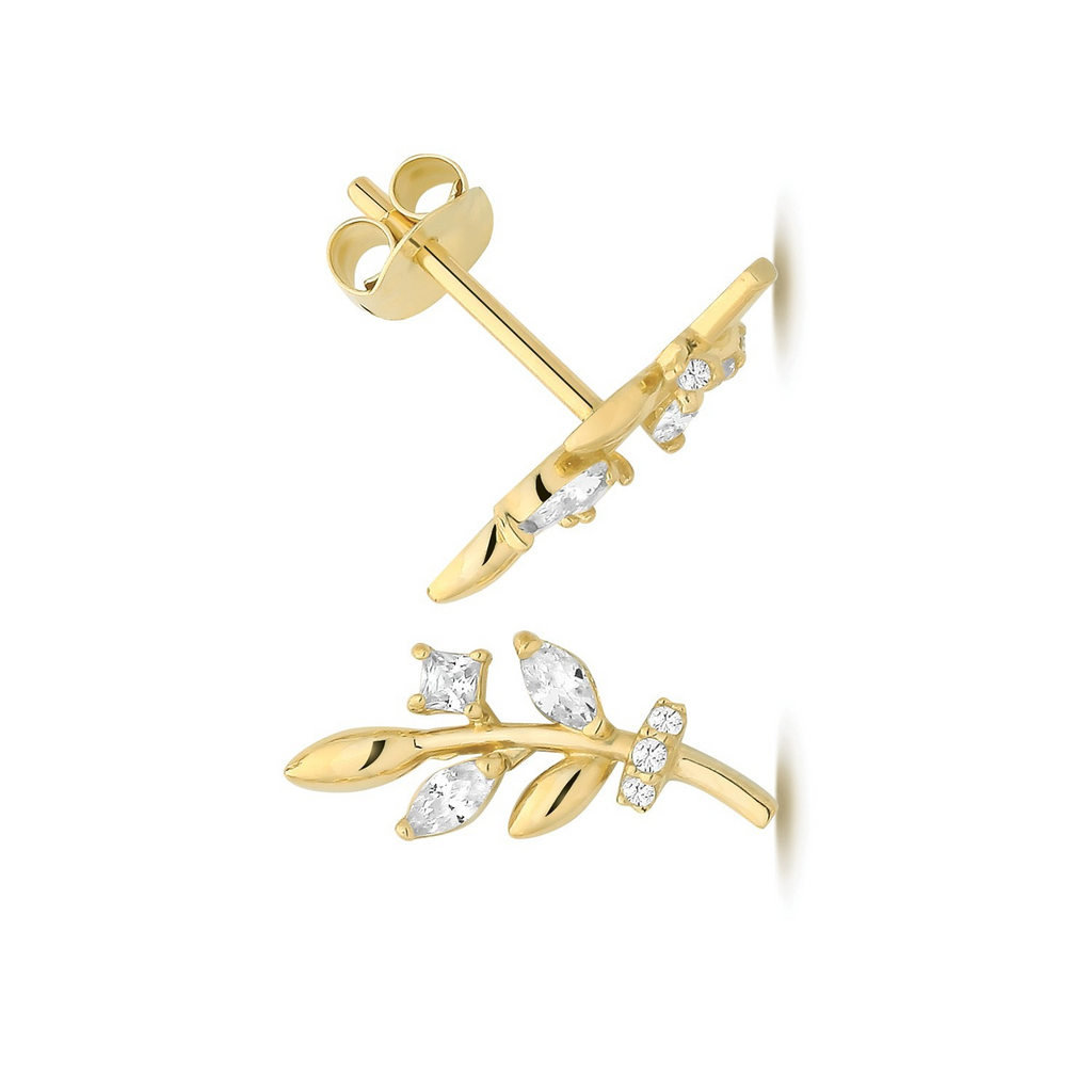 Marquise Branch Stud Earrings 9ct Yellow Gold 375 Hallmarked Brand New Boxed