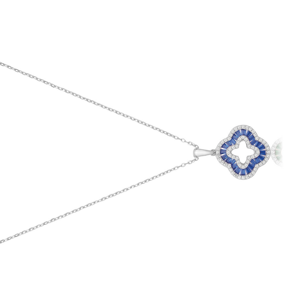 Sapphire Baguette Clover Necklace Sterling Silver 925 Hallmarked British Made