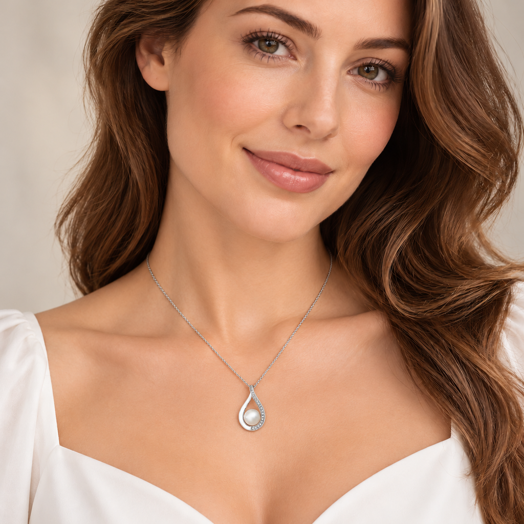 Ladies Pearl Halo Twist Necklace Sterling Silver 925 Hallmarked British Made