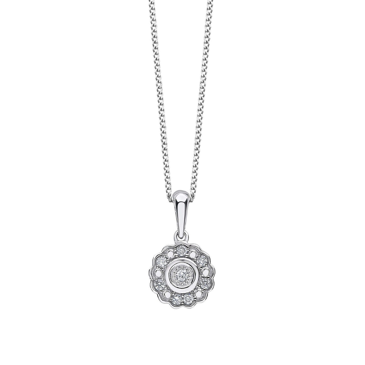 Bezel Set Cluster Diamond Pendant 9ct White Gold 375 Hallmarked British Made