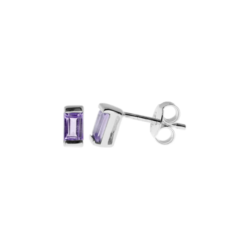 Baguette Natural Amethyst Stud Earrings Sterling Silver 925 Hallmarked