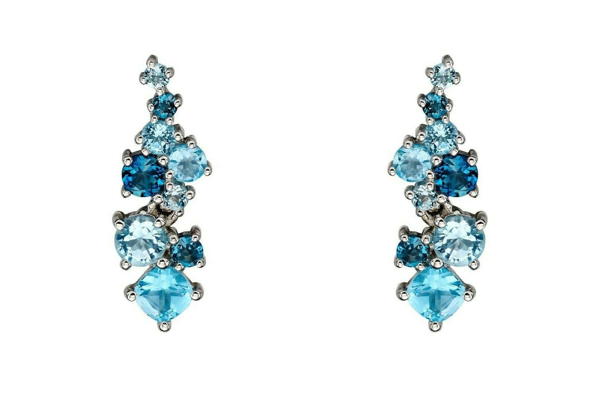 Blue Topaz and Diamond Drop Earrings 9k White Gold 375 Hallmarked British Made