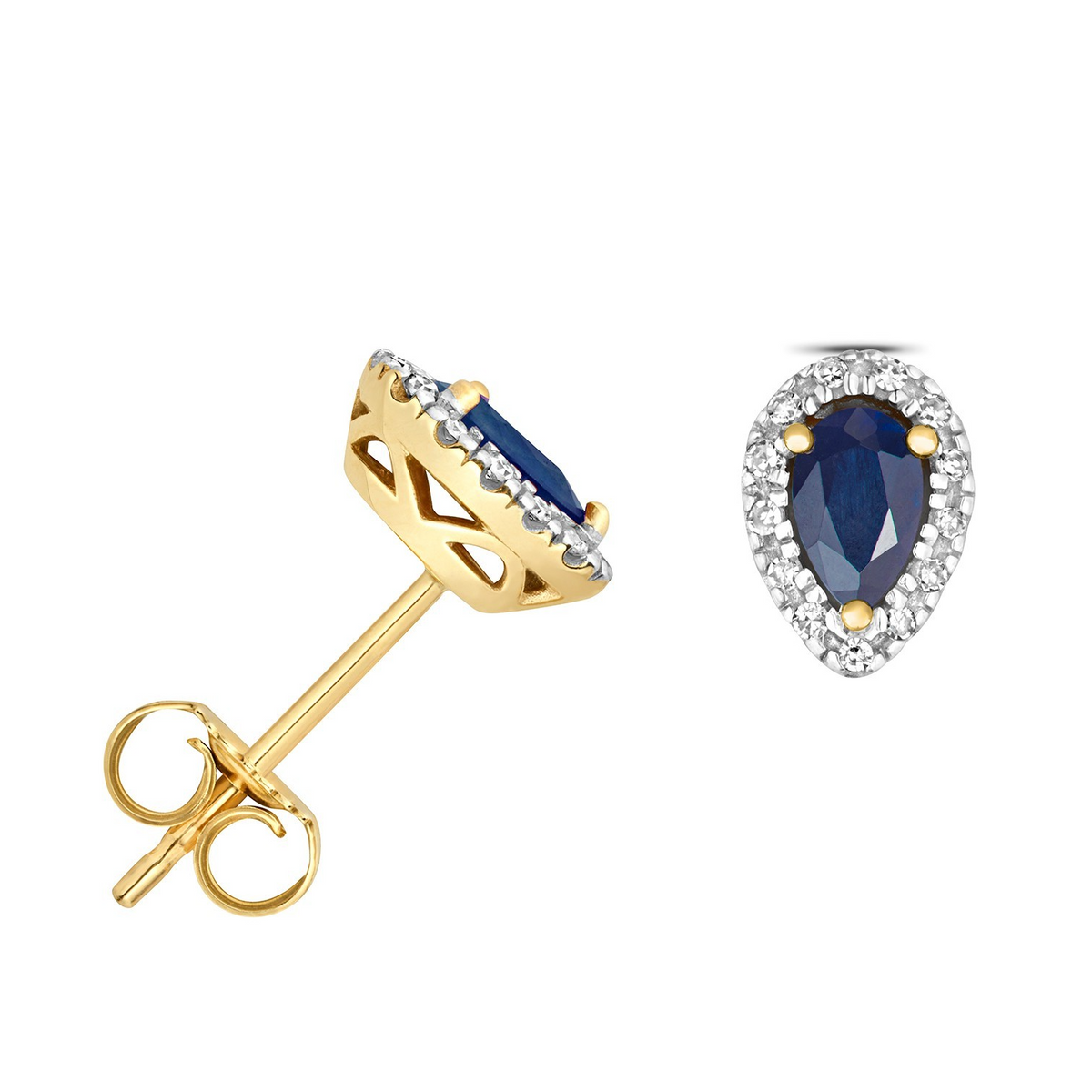 Sapphire Teardrop Diamond Stud Earrings 9ct Yellow Gold 375 Hallmarked