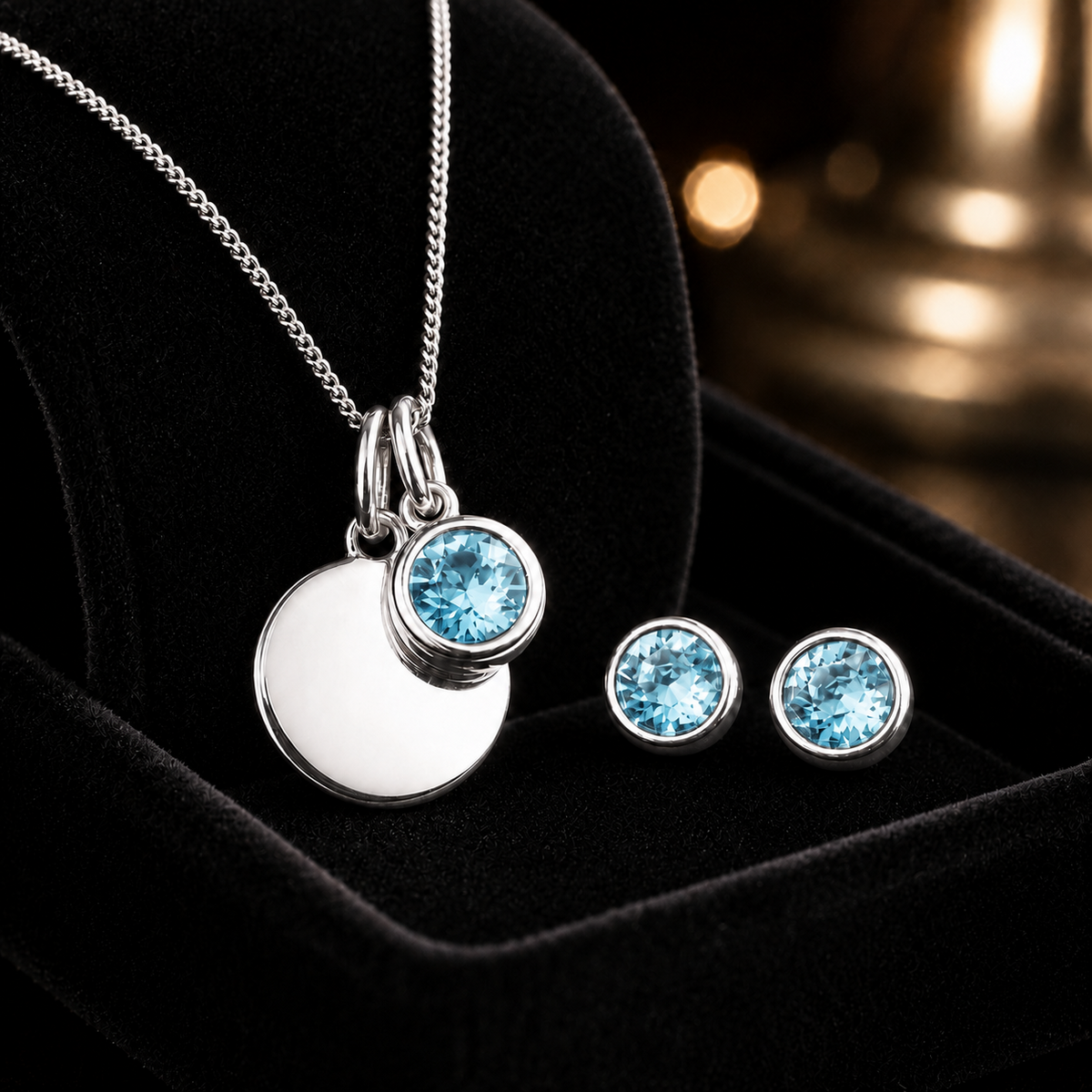 Engravable Solitaire Aquamarine Pendant and Earrings Set Solid Sterling Silver