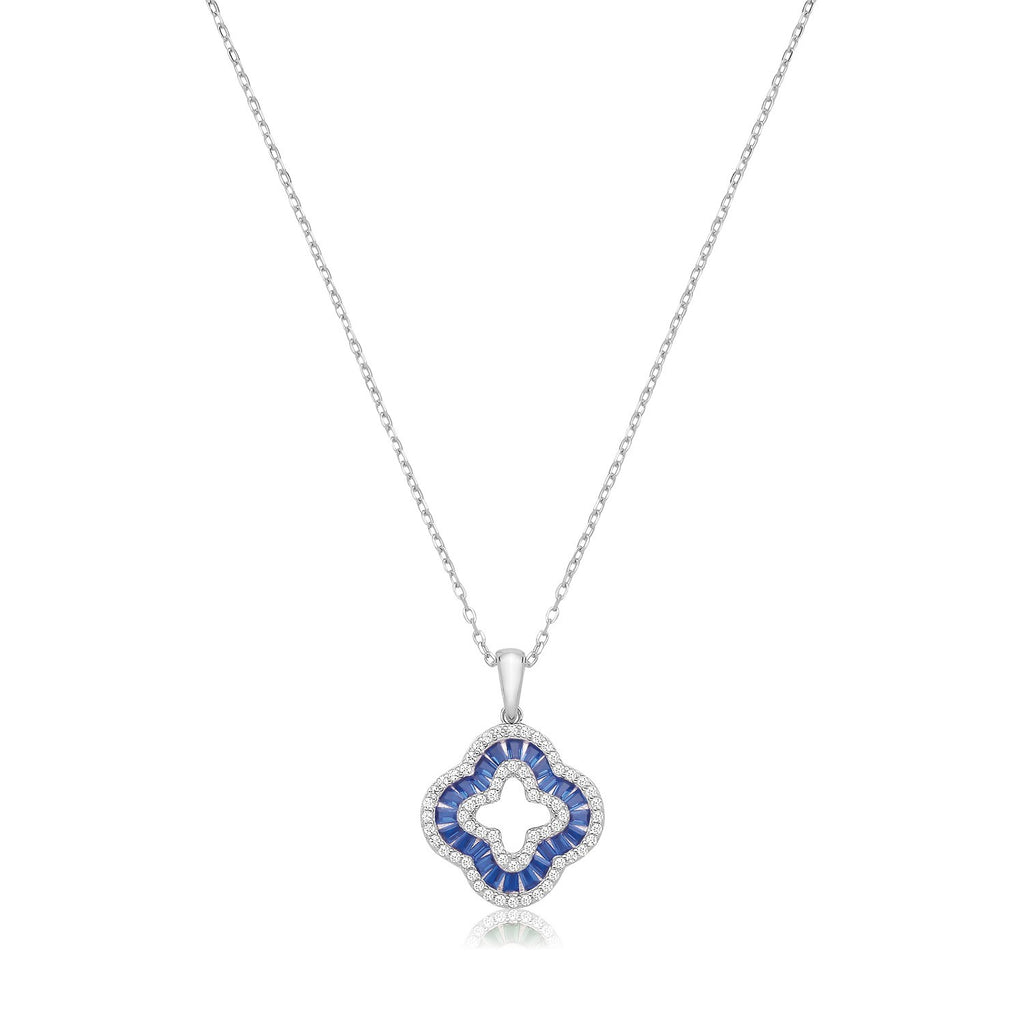 Sapphire Baguette Clover Necklace Sterling Silver 925 Hallmarked British Made