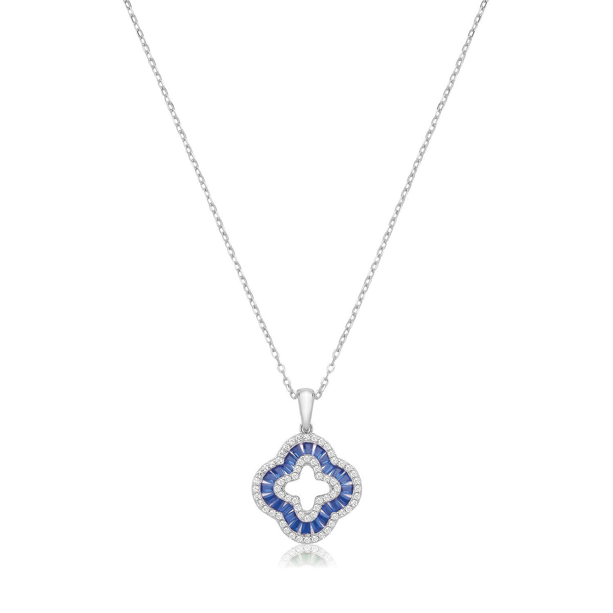 Sapphire Baguette Clover Necklace Sterling Silver 925 Hallmarked British Made