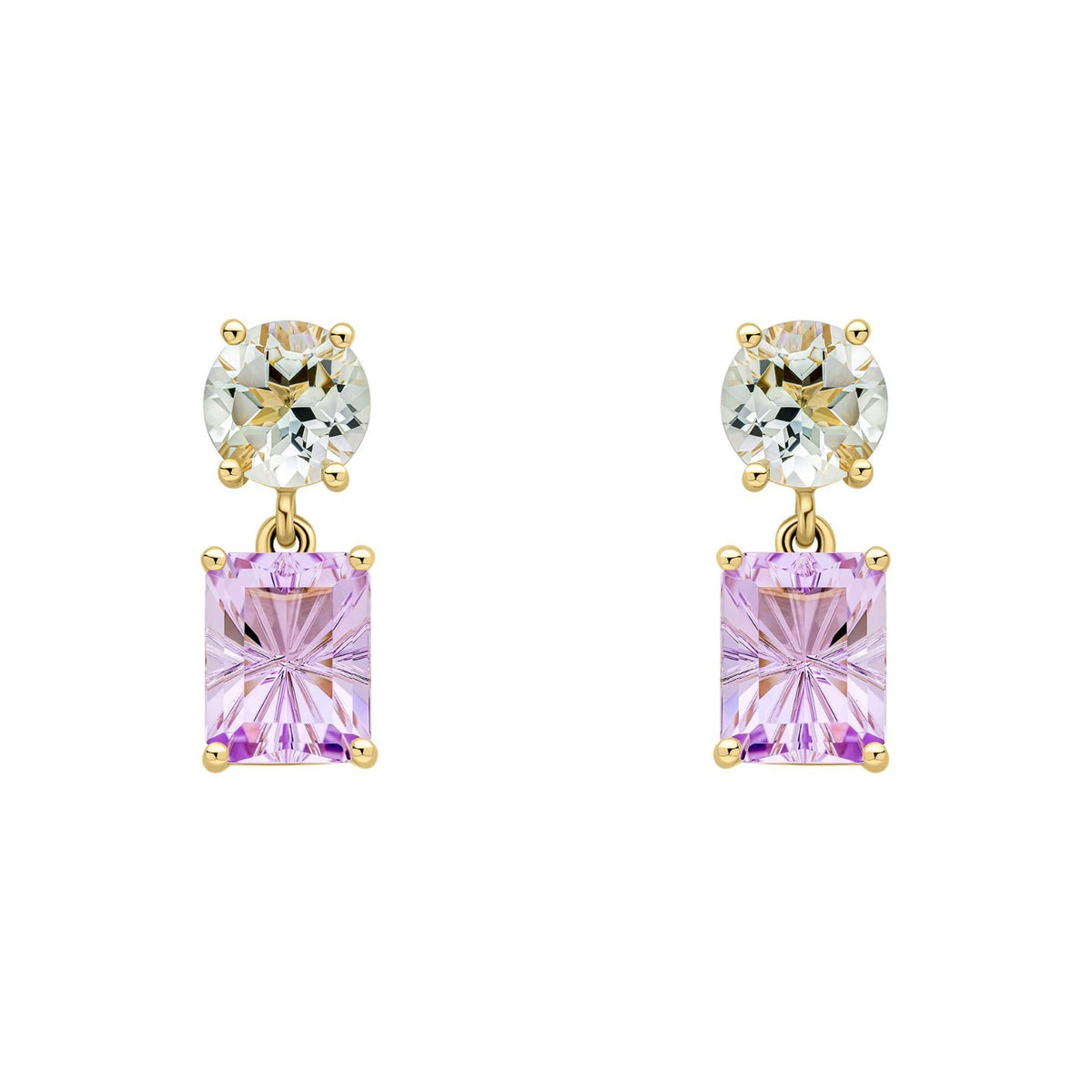 Quartz & Amethyst Pendant & Earrings Set 9ct Yellow Gold 375 Hallmarked