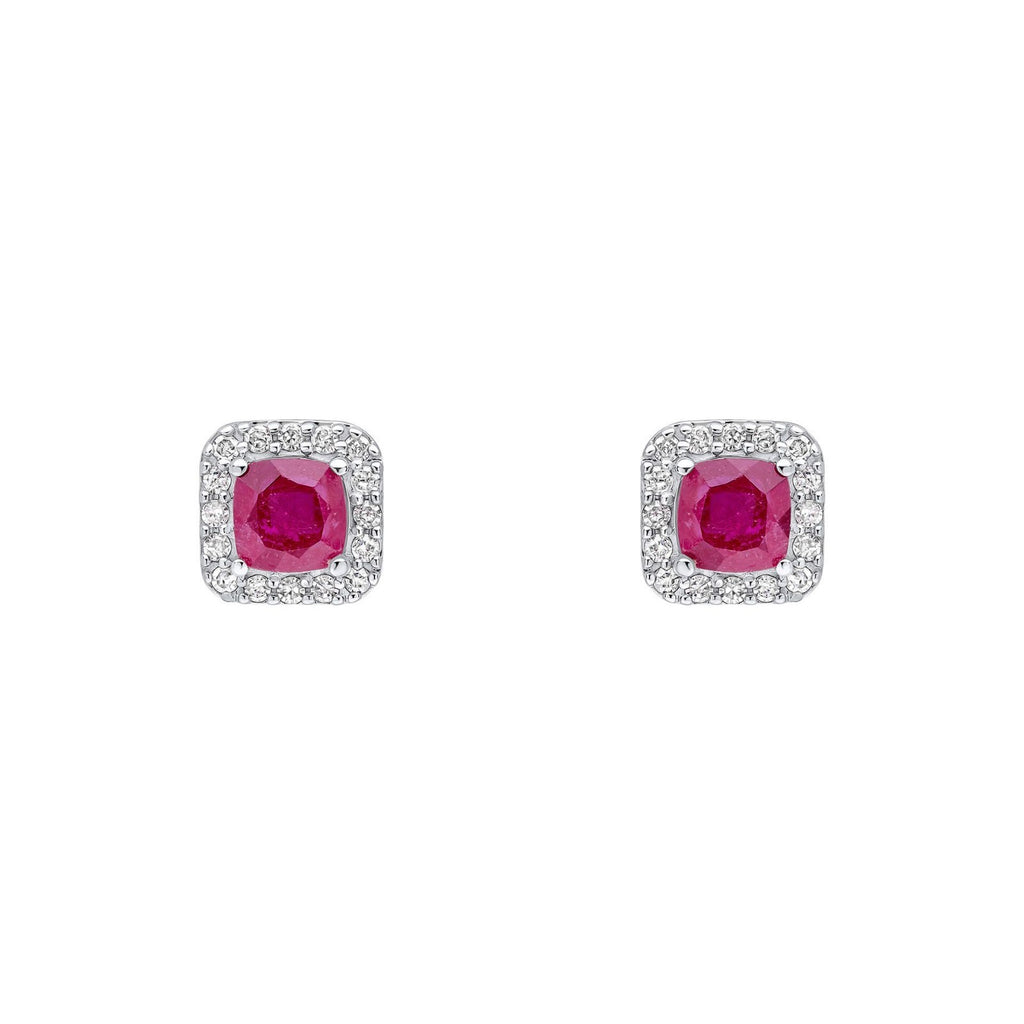 Ruby Cushion Halo Stud Earrings 9ct White Gold 375 Hallmarked British Made
