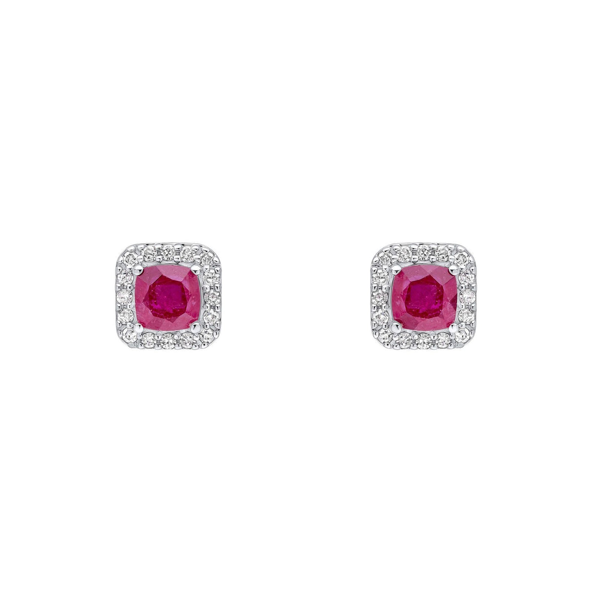 Ruby Cushion Halo Stud Earrings 9ct White Gold 375 Hallmarked British Made