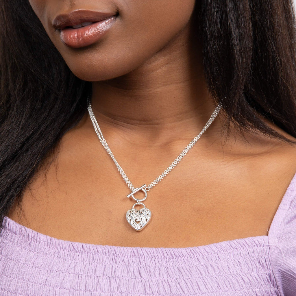 Filigree Heart T Bar Necklace Sterling Silver 925 Hallmarked Brand New