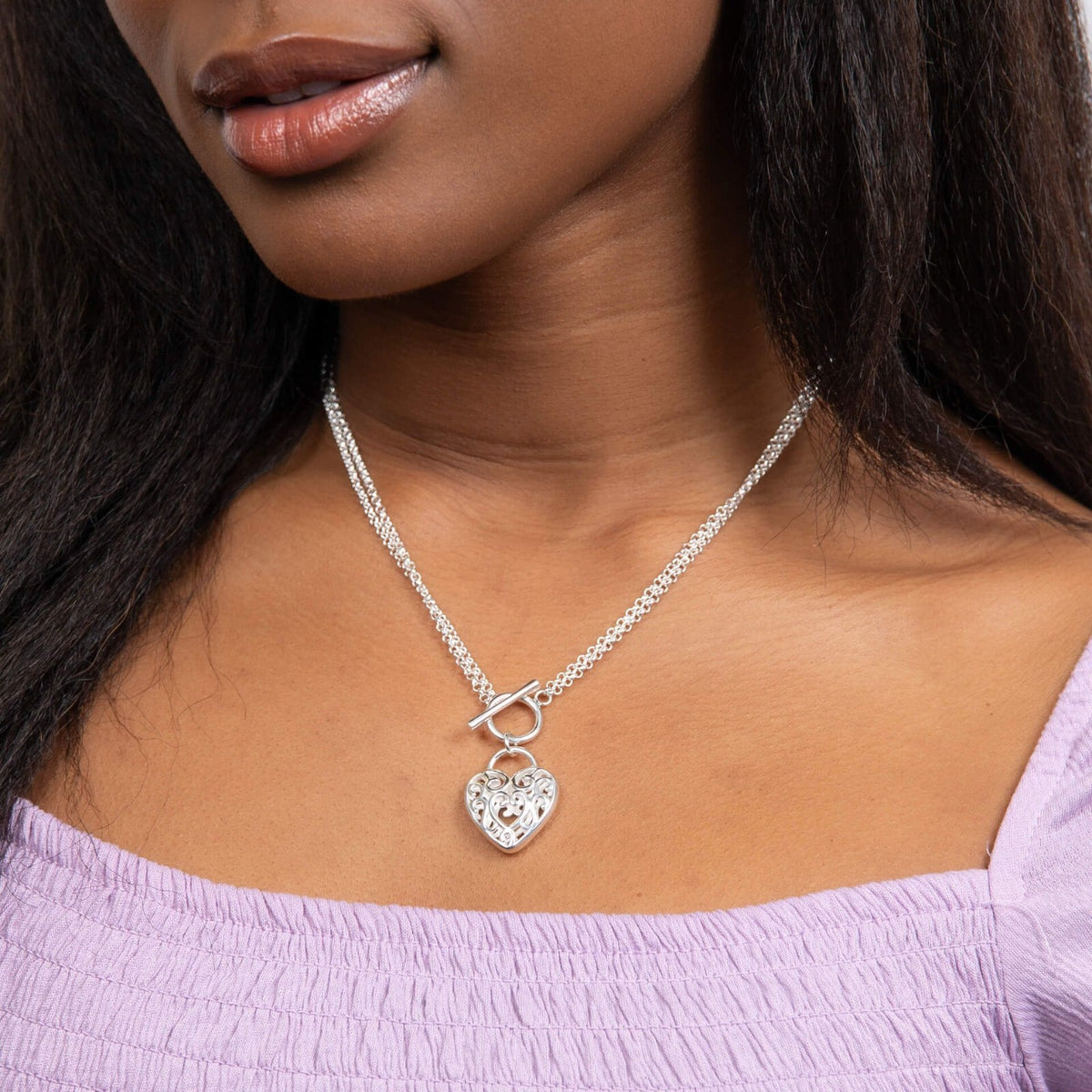 Filigree Heart T Bar Necklace Sterling Silver 925 Hallmarked Brand New