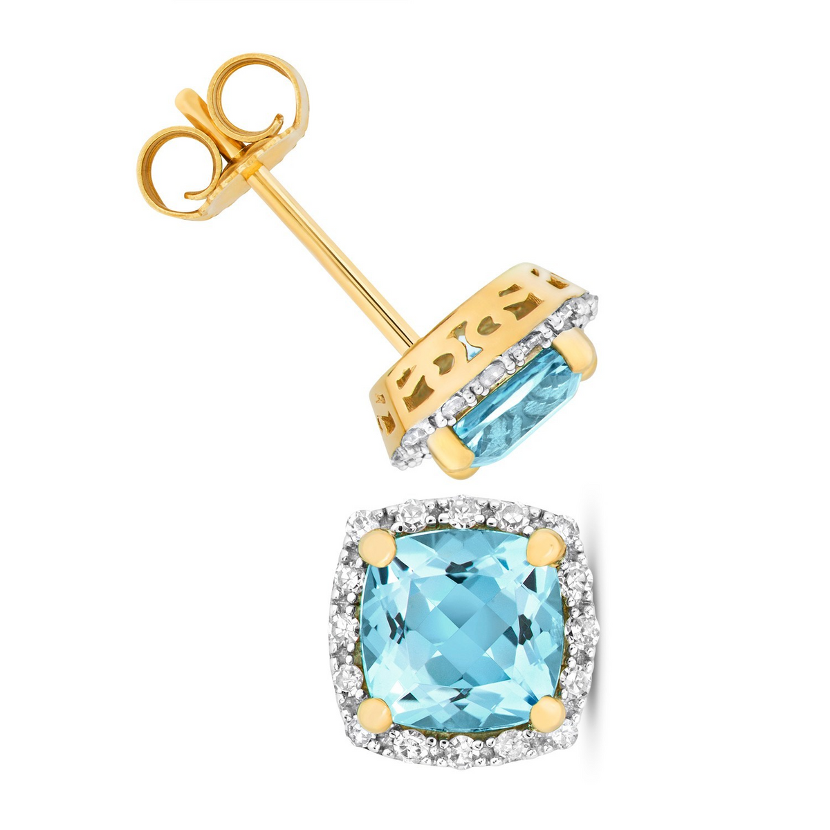 Halo Cushion Blue Topaz Diamond Earrings 9ct Multi Tone Gold 375 Hallmarked