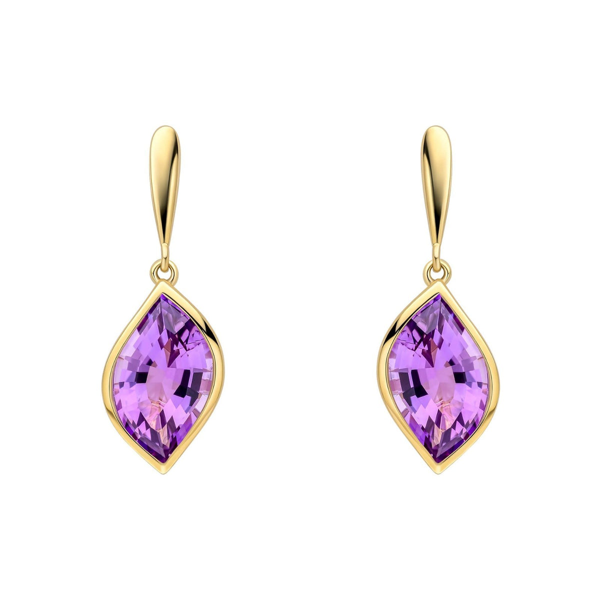 Flush Amethyst Flame Drop Earrings 9ct Yellow Gold 375 Hallmarked British Made