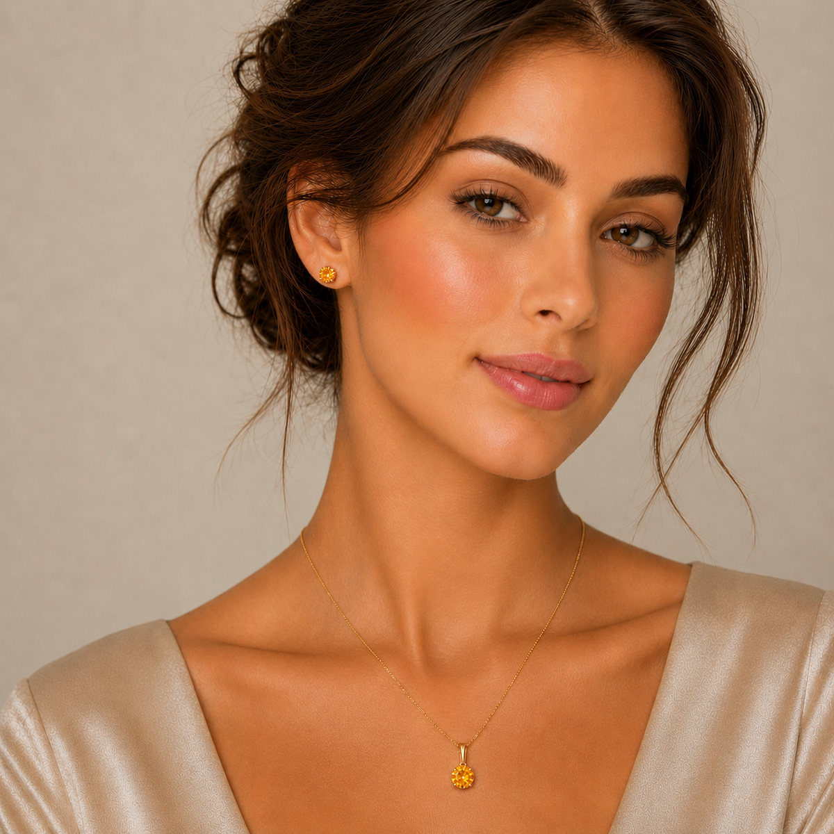 Citrine Pendant and Earrings Set Solid Yellow Gold Solitaire 18" Chain Hallmark