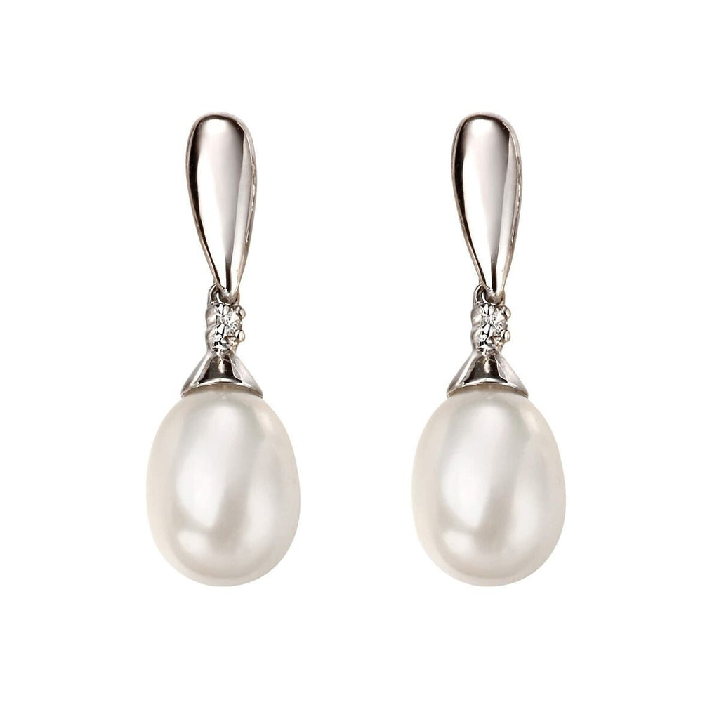 Freshwater Pearl/Diamond Drop Earrings 9ct White Gold 375 Hallmark British Made
