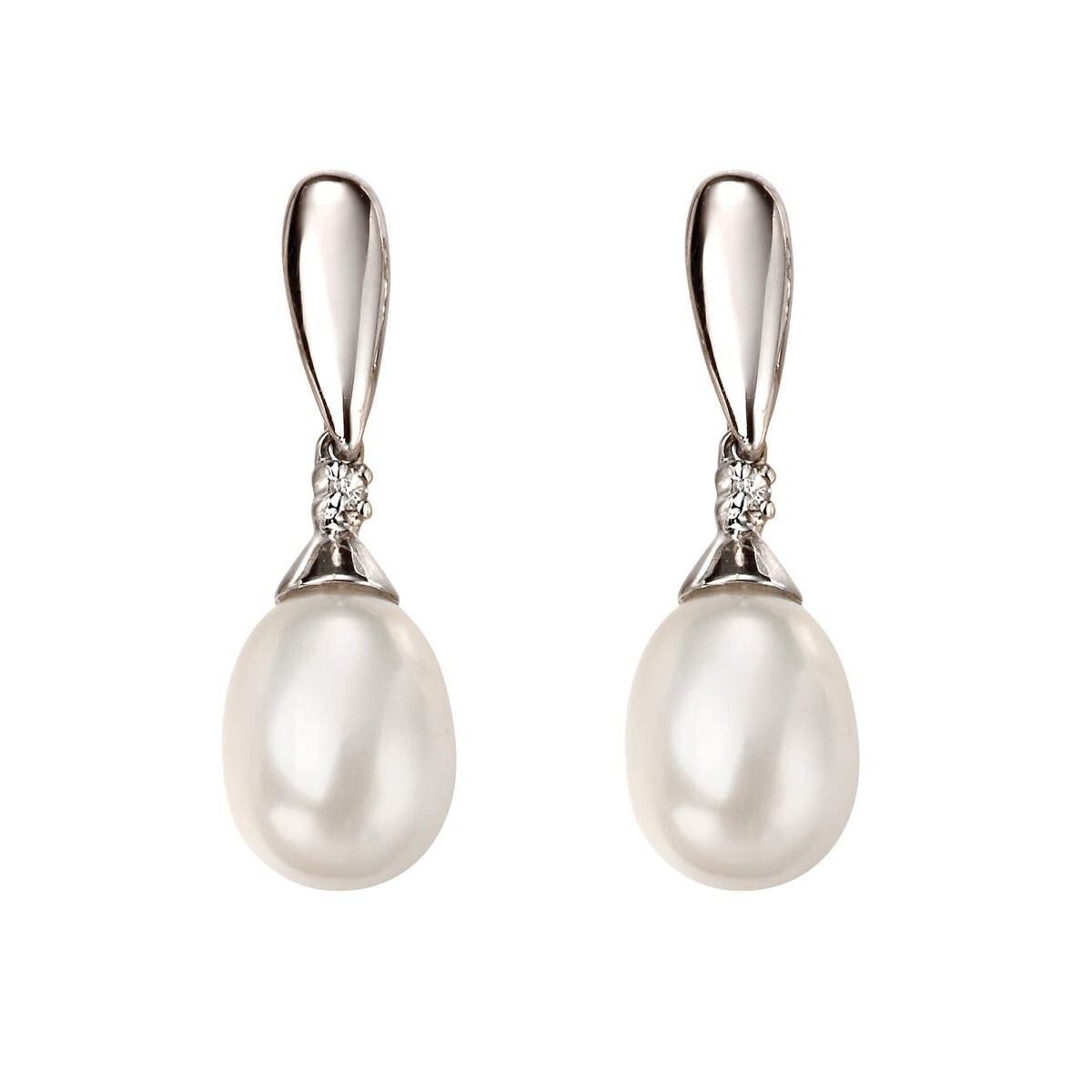 Freshwater Pearl/Diamond Drop Earrings 9ct White Gold 375 Hallmark British Made