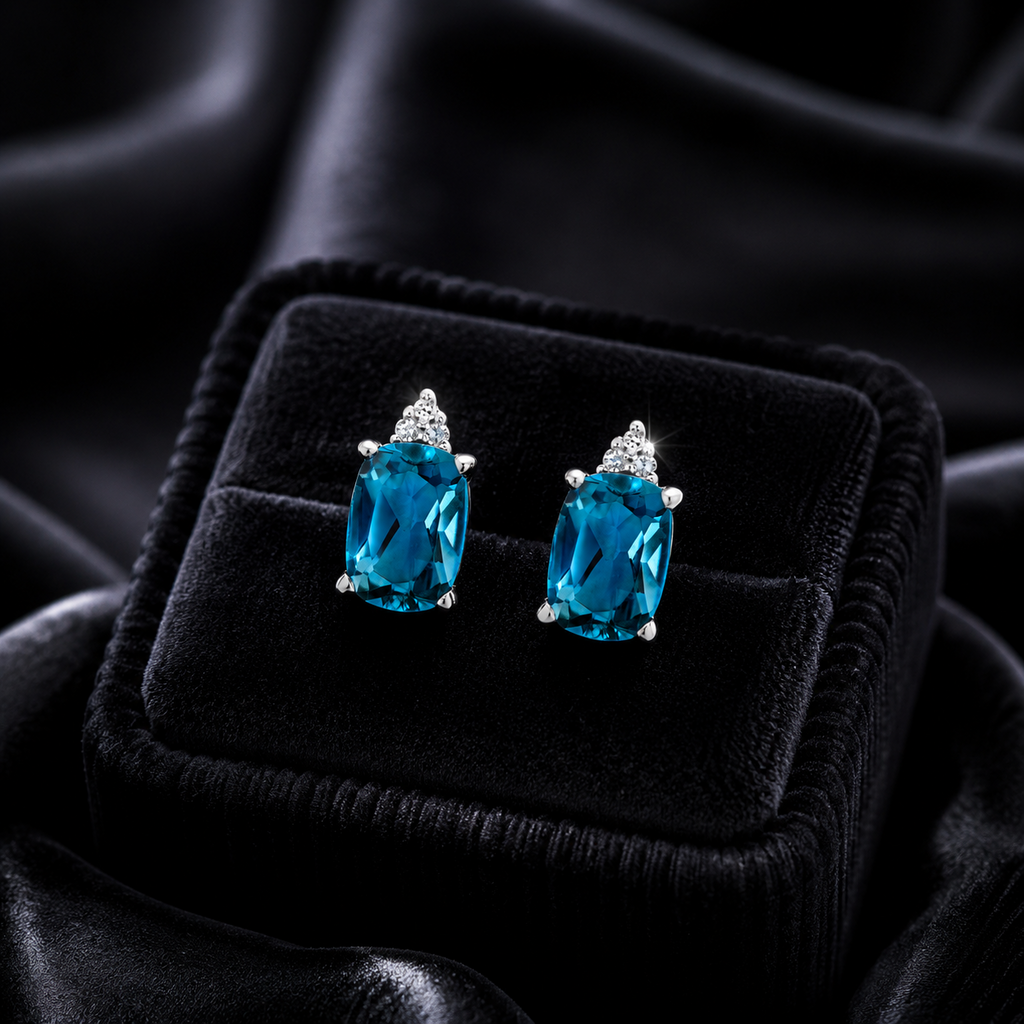 Natural Oval Blue Topaz Diamond Stud Earrings 9ct White Gold 375 Hallmarked