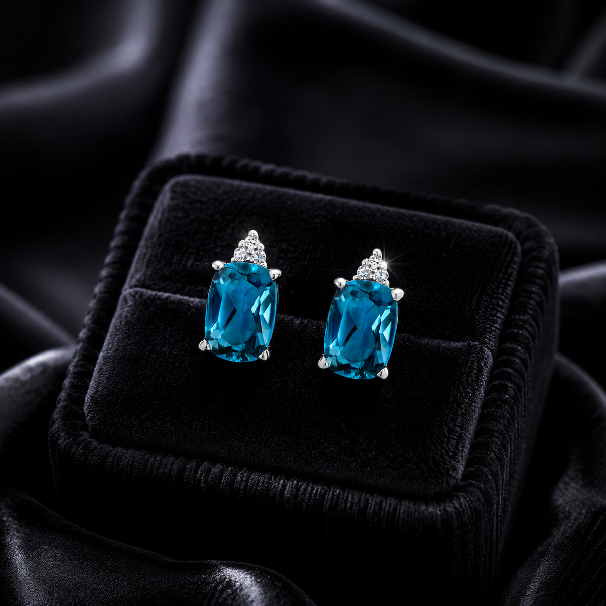 Natural Oval Blue Topaz Diamond Stud Earrings 9ct White Gold 375 Hallmarked
