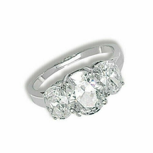 Sterling Silver Three Stone Ring Oval Trilogy Engagement 925 Hallmark Size L - T