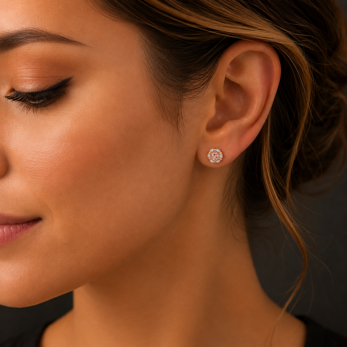 Natural Floral Morganite Diamond Stud Earrings 9ct Rose Gold 375 Hallmarked