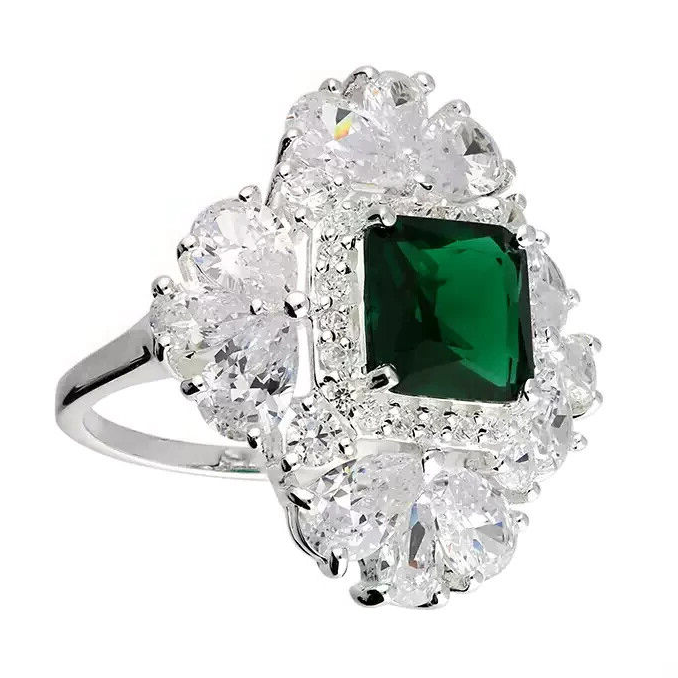 Cushion Halo Emerald Ring Sterling Silver 925 Hallmarked British Made Size M - R
