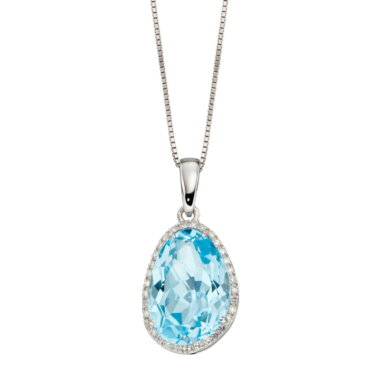 Organic Blue Topaz and Diamond Pendant 9ct White Gold 375 Hallmark British Made