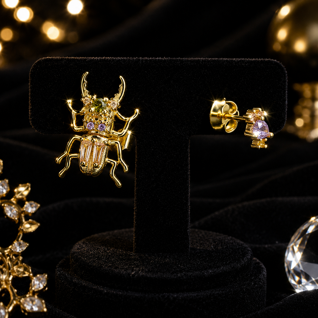 Beetle Paired Stud Earrings 18ct Yellow Gold Plated Hallmarked British Made