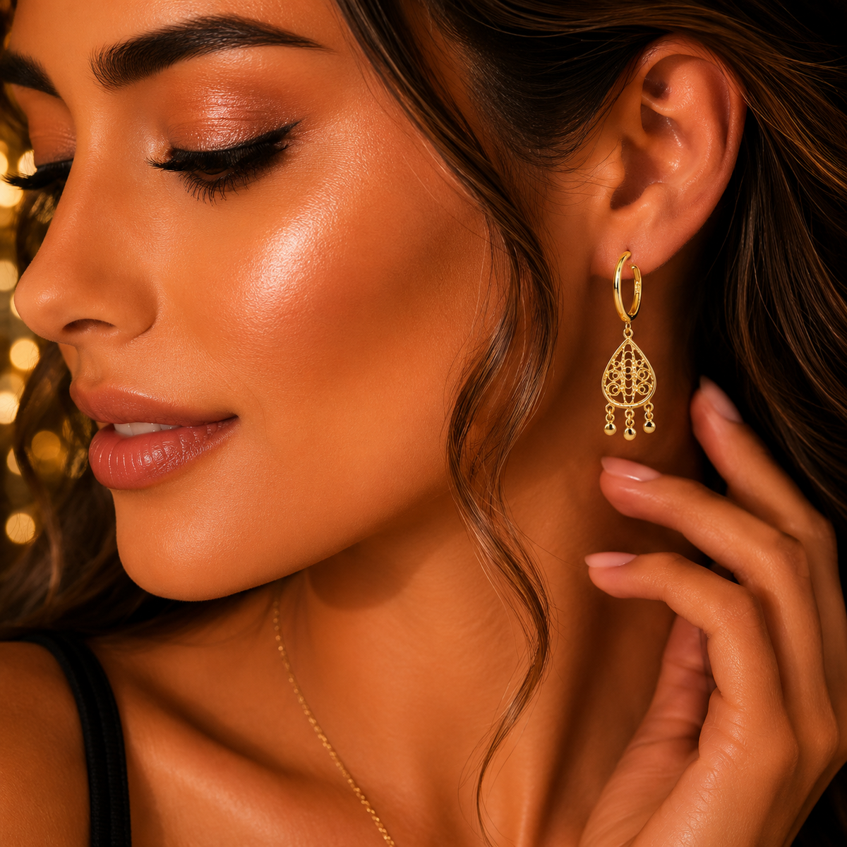 Organic Pear Charm Hoop Earrings 9ct Yellow Gold 375 Hallmarked Brand New Boxed