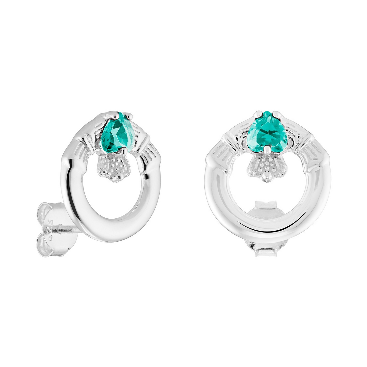 Aquamarine Claddagh Stud Earrings Sterling Silver 925 Hallmarked British Made