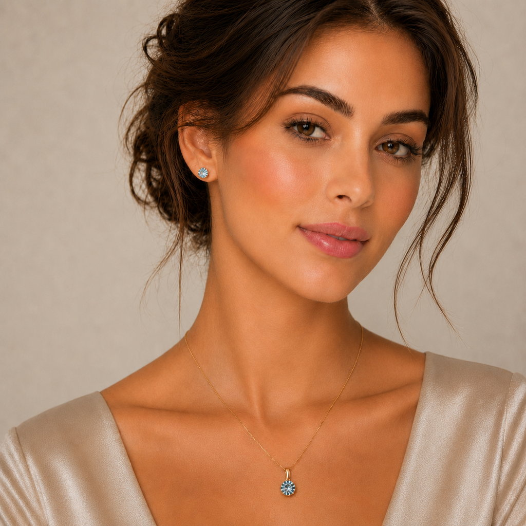 Aquamarine Pendant and Earrings Set Yellow Gold Solitaire 18" Chain Hallmark