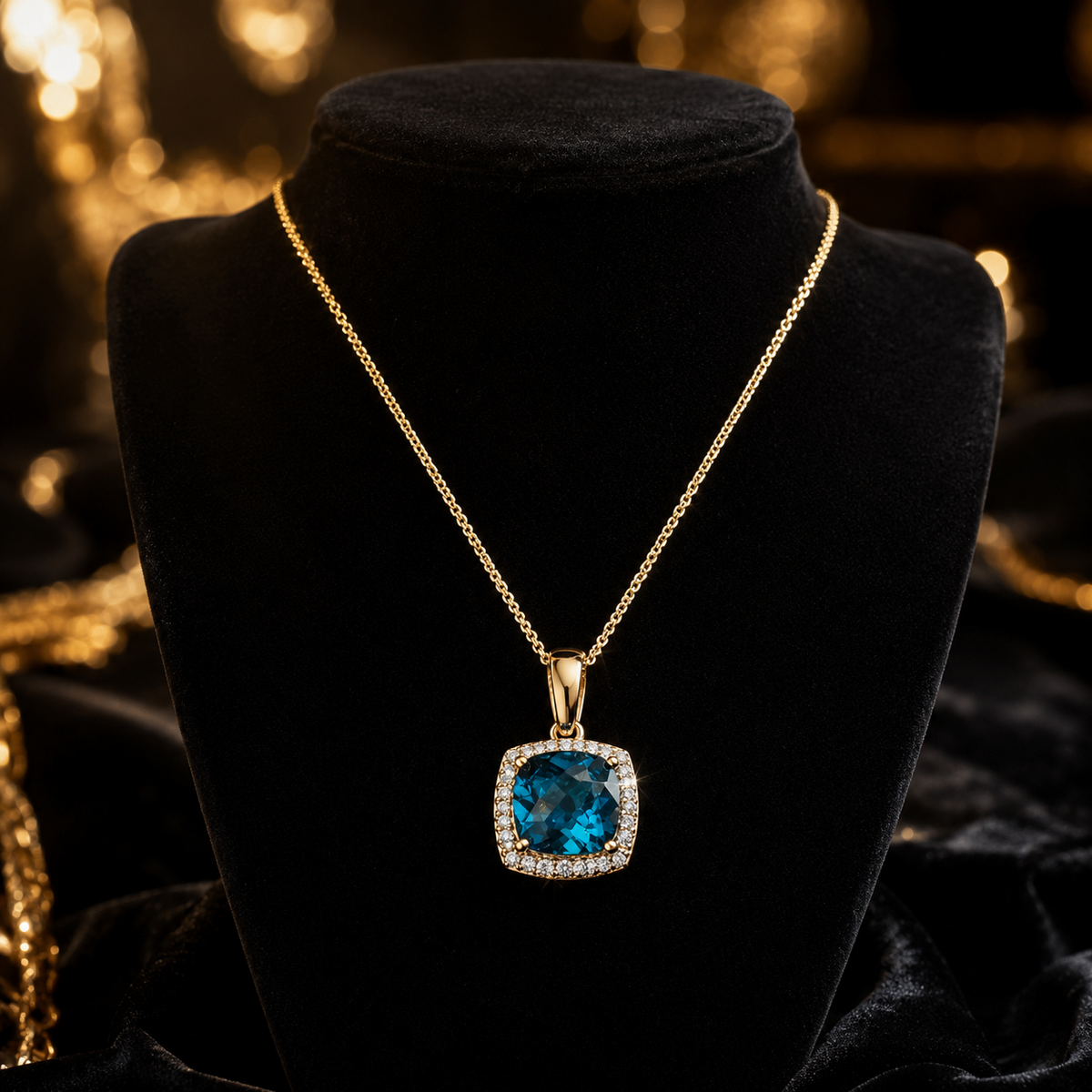 London Blue Topaz & Diamond Pendant Yellow Gold 375 Hallmarked Brand New Boxed