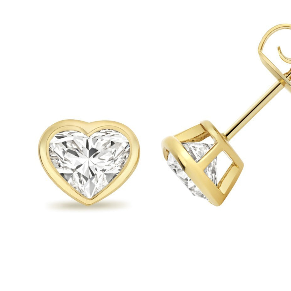 1 Lab Grown Diamond Heart Stud Earrings 18ct Yellow Gold Hallmarked British Made