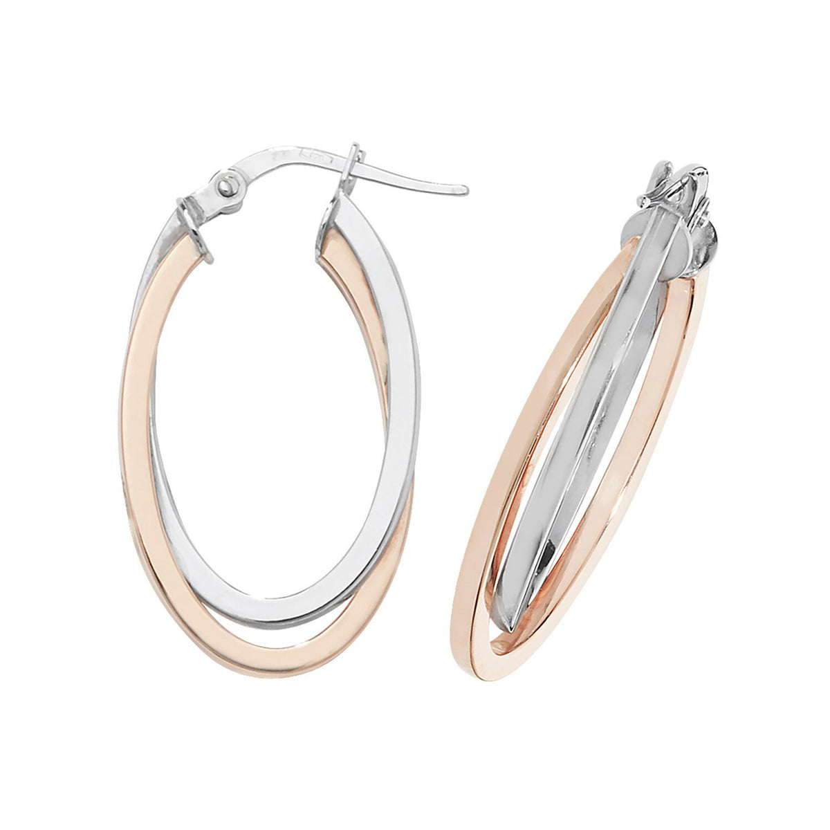 9ct 2 Tone Gold Hinged Oval Double Hoop Earrings 15mm British Made 375 Hallmark