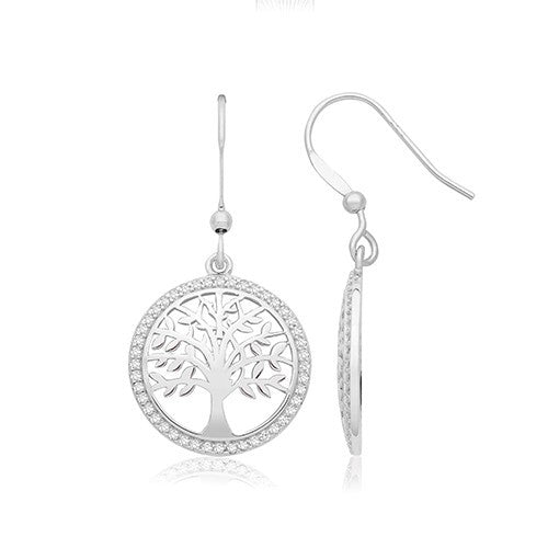 Stone-Set Tree of Life Drop Earrings Sterling Silver 925 Hallmarked Brand New