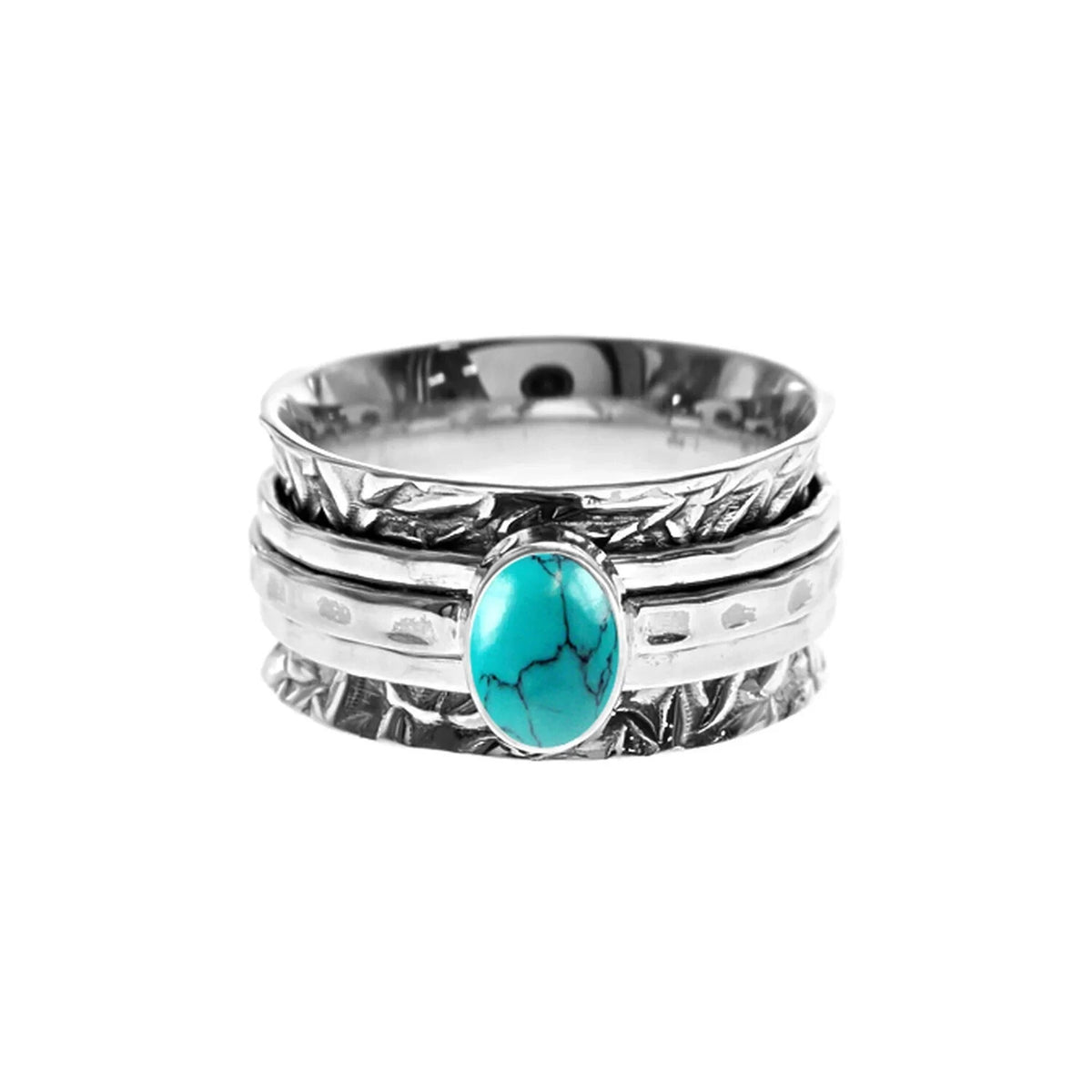 Oval Turquoise Textured Spinner Ring Sterling Silver 925 Hallmarked Size K - T