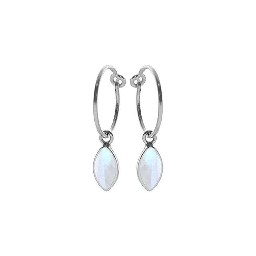 Marquise Moonstone Drop Hoop Earrings Sterling Silver 925 Hallmarked Brand New