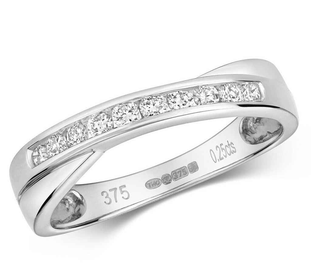 Natural Diamond Crossover Ring Eternity Band 9ct White Gold 375 Hallmarked